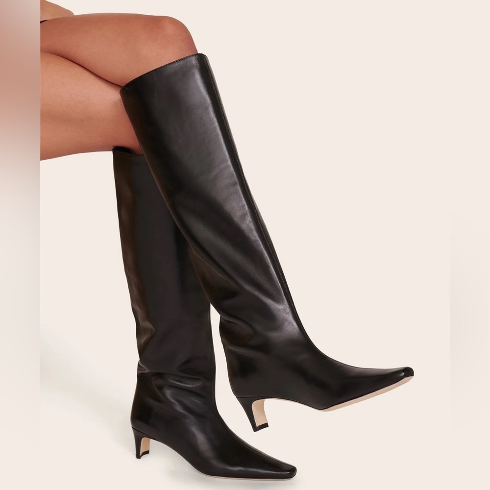 STAUD Wally Boots Black Leather Heeled Knee High Boots